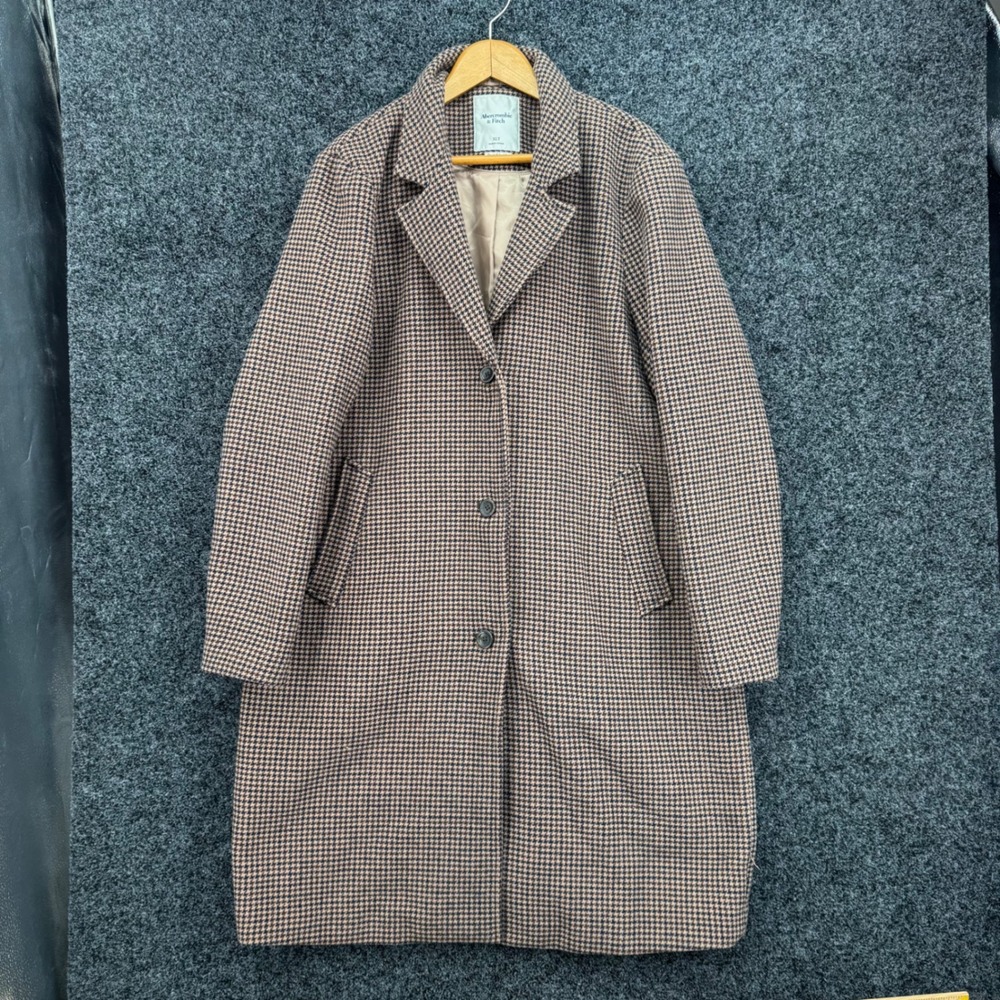 Abercrombie & Fitch Dad Coat Brown Houndstooth Wool Blend Long Overcoat XLT